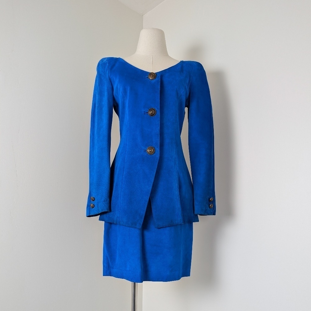 Danier Suede 2 Piece Blazer Skirt Set Size 4 Royal Blue Matching High Rise - Picture 3 of 15